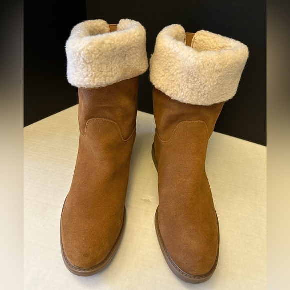 G.H. Bass Aria fold down ankle tan boots suede/leather & sherpa trim Sz-10M. L - Picture 4 of 14